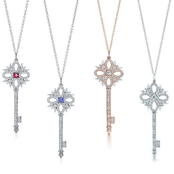 

sterling silver 925 classic fashion key pendant with blue red cz ladies necklace rose gold silver color big pendants size 5cm necklaces men
