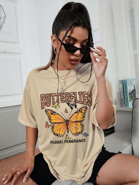 

butterfly and letter graphic drop shoulder oversized tee x5vh#, White