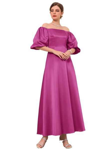 

solid off the shoulder bishop sleeve satin dress v8gd#, Black;gray