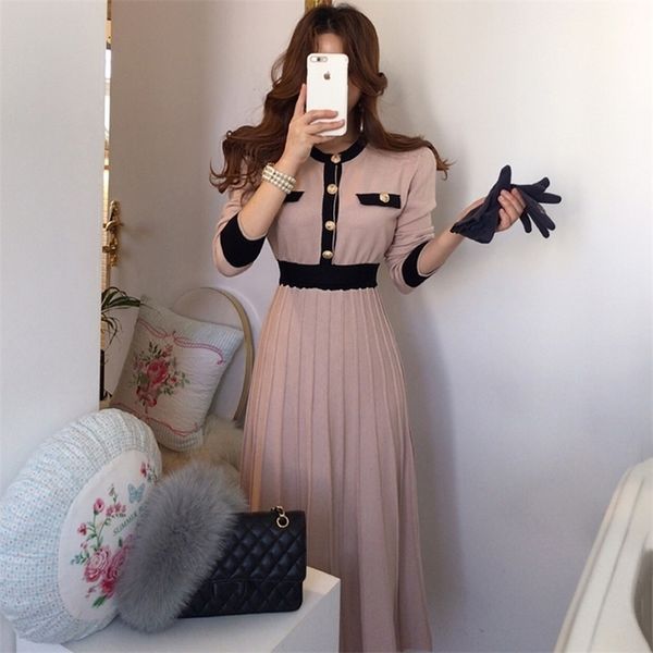

autumn korean elegant knitted dresses women slim a-line high waist pleated dress female gentle lady long sweater base dress 220317, Black;gray