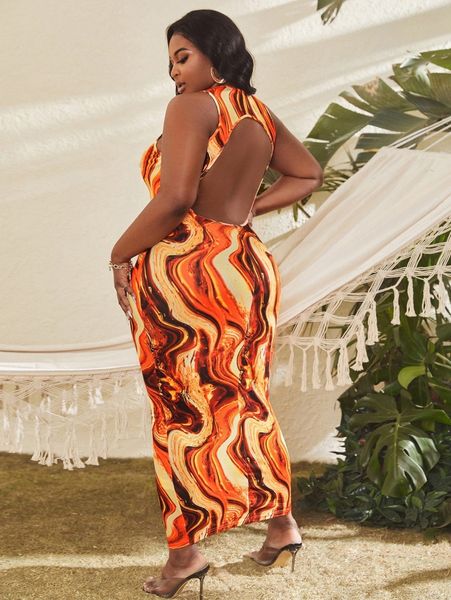 

plus marble print backless dress z5sb#, Black