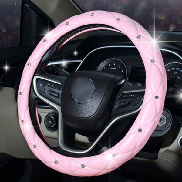 Tampa do volante Tampa de capa rosa PU PU Couro não deslizante Acessórios de 38 cm Protetor automático Decoração de shinestone