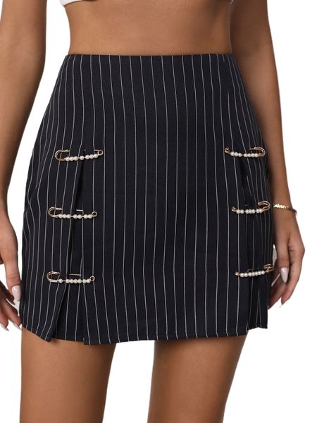 

vertical s.triped safety pin detail s.kirt t97p#, Black