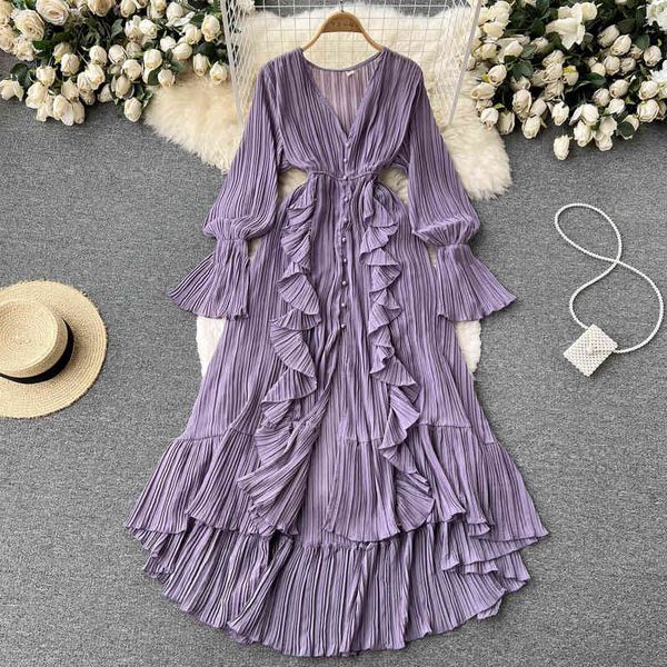 

casual dresses super fairy seaside resort chiffon long skirt women's lotus leaf lace v-neck temperament crimped waist slim dress giuy, Black;gray