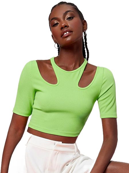 

x penelope ping cutout neck rib-knit tee r89d#, White