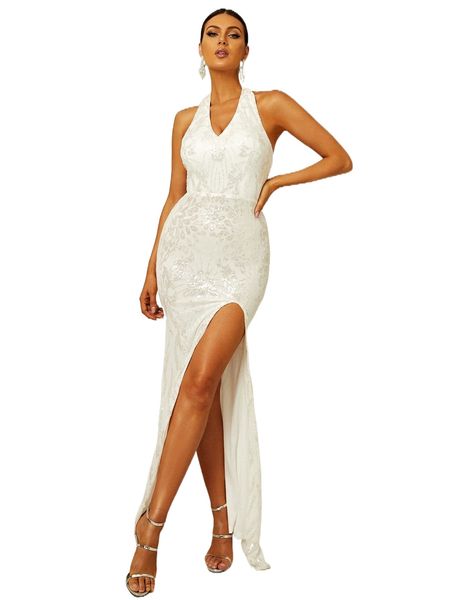 

missord backless split thigh sequin formal dress e4ln#, Black;gray