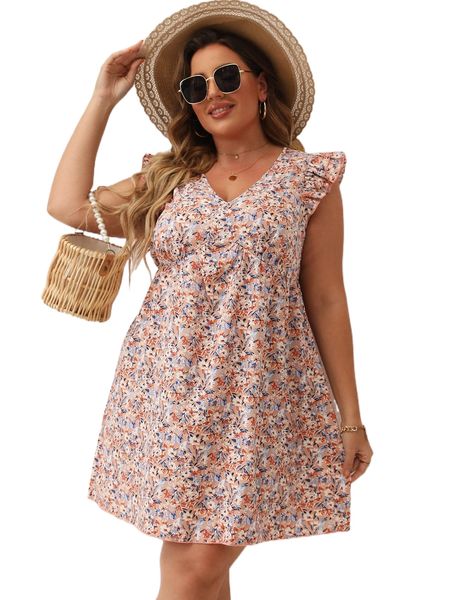 

plus ditsy floral cap sleeve smock dress 95zf#, Black