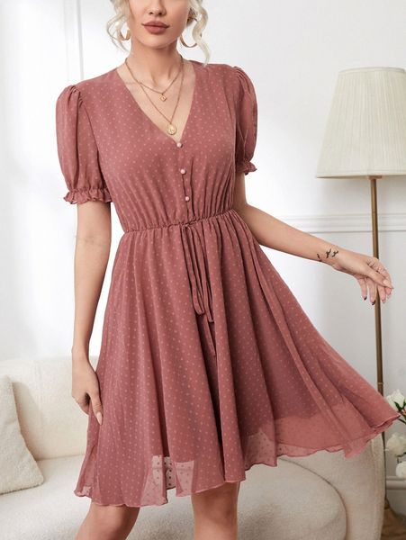 

puff sleeve tie waist swiss dot dress x3jf#, Black;gray