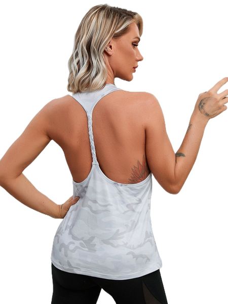 

1pc camo print braided detail sports tank d158#, Gray