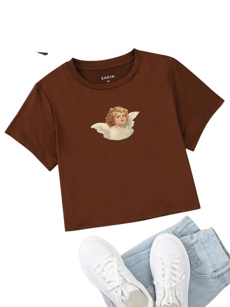 

angel print round neck tee j77s#, White