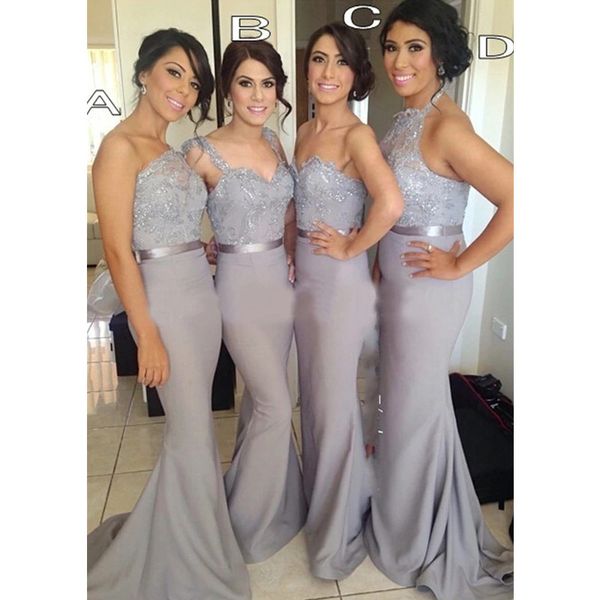 

chic silver mermaid beaded bridesmaid dresses bateau neck lace appliqued country maid of honor gowns sweep train satin wedding guest dress, White;pink