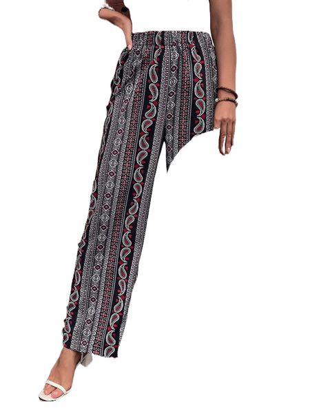 

paisley print elastic waist pants v3xe#, Black;white
