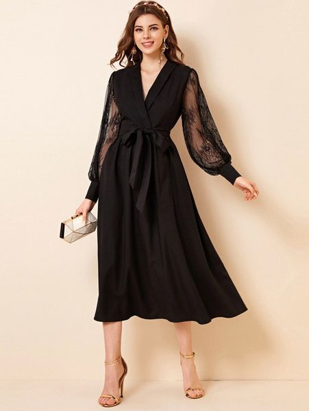 

lace lantern sleeve belted dress 67zk#, Black;gray