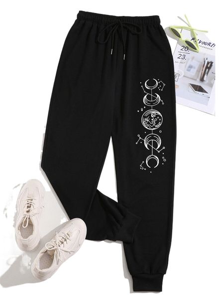

moon print drawstring waist sweatpants x0kq#, Black;white