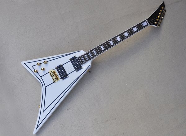 

left hand white v electric guitar with black trim rosewood fretboard