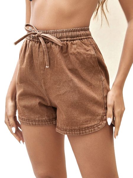 

drawstring waist dolphin hem denim shorts c22i#, White;black