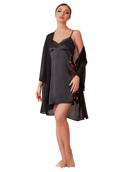 

contrast floral embroidered mesh cami nightdress & swiss dot robe 03ls#, Black;red