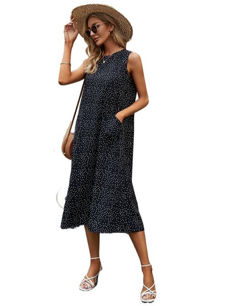 

polka dot slant pockets tank dress j7w7#, Black;gray