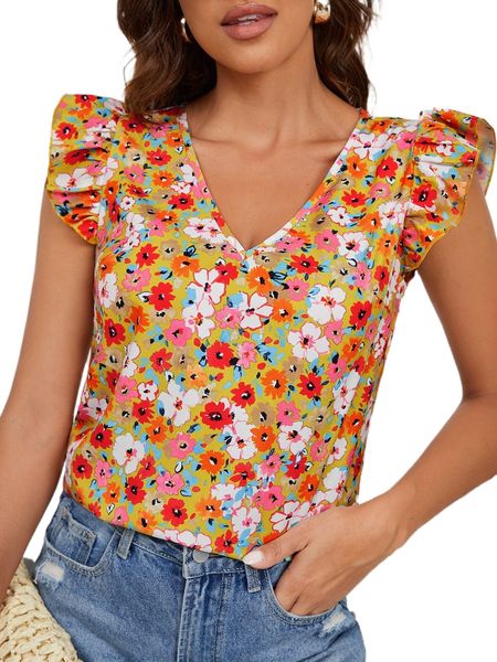 

floral print ruffle trim x7el#, White