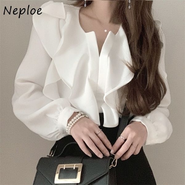 

neploe autumn solid color elegant women blouse ins ruffles design femme blusas fashion allmatch chiffon shirts 1h749 210401, White
