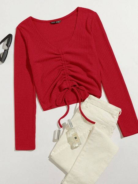 

drawstring front rib-knit tee u5a8#, White