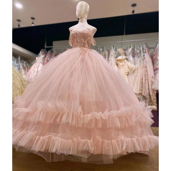 Neue Rosa Puffy Quinceanera Kleider Ballkleid Für Mexiko Süße 16 Mädchen Applikationen Perlen Geburtstag Prom Kleider vestido de 15 anos quinceanera 2022