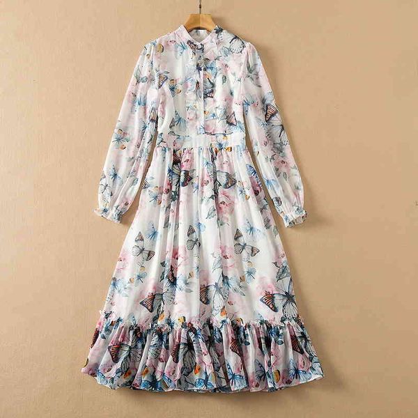 

casual dresses white skirt women's 2022 spring and summer front ruffle butterfly printed chiffon long sleeved dress auz5, Black;gray