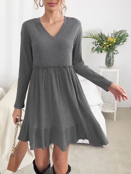 

frilled ruffle hem drop shoulder dress h40d#, Black;gray