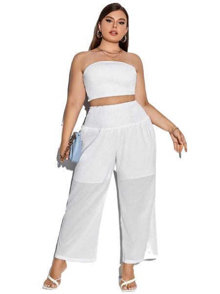 

plus shirred crop tube & wide leg pants r8km#, Black