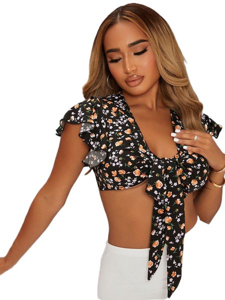 

floral print butterfly sleeve knot front crop 56gi#, White
