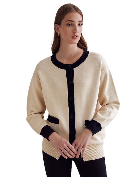 

motf premium wool mix contrast binding cardigan y6we#, White;black