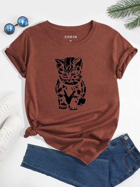 

animal print round neck t-shirt n8o5#, White