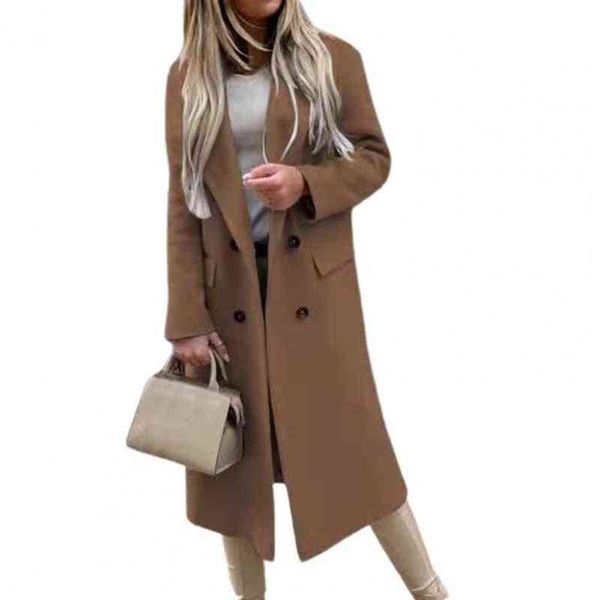 

ele-choices women autumn&winter oversize coat female solid color double breasted jacket lady warm suit collar long coat for dail t220714, Black