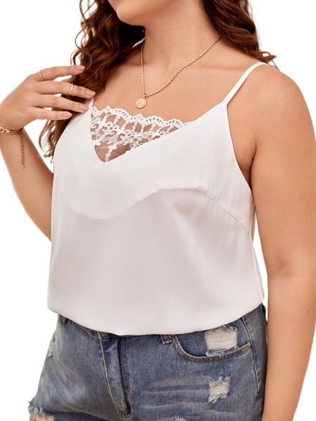 

plus contrast guipure lace cami j12d#, Black