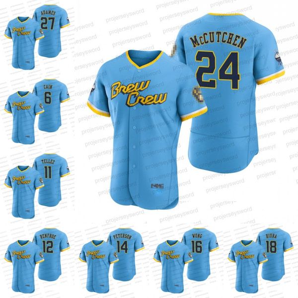 

2022 city connect jersey 24 mccutchen 6 lorenzo cain 19 yount powder 11 rowdy tellez 16 kolten wong 18 keston hiura 2 luis urias 27 willy ad, Blue;black