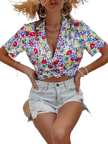 

floral lapel neck single breasted blouse b5bq#, White