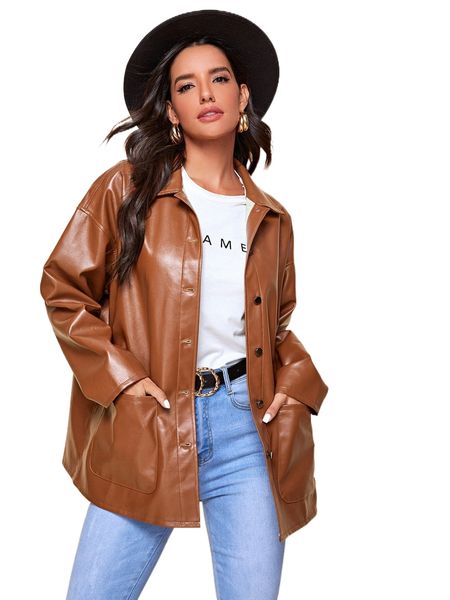 

single breasted patch pocket pu leather coat v4mx#, Black