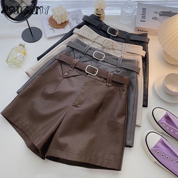 

ashgaily high waist pu shorts women streetwear with belt all match wide leg bottoms female 220602, White;black