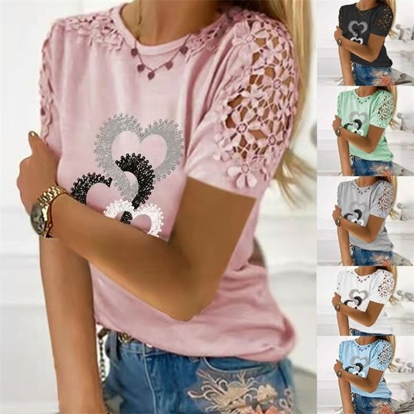 

lace heart print t-shirt women's casual o-neck short sleeve tees shirt loose summer hollow out pullover tshirts 5xl 220408, White
