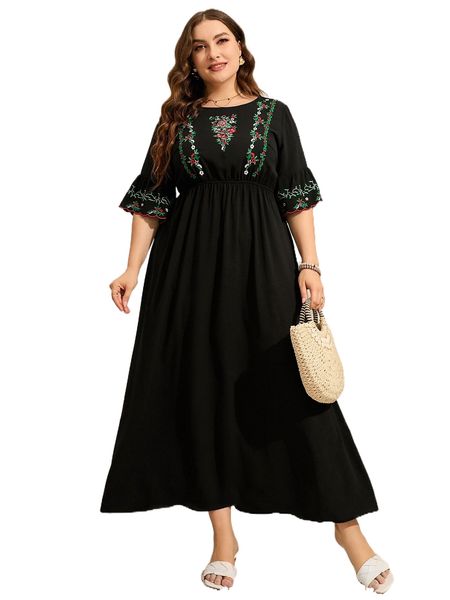 

plus floral embroidery flounce sleeve dress g29o#, Black