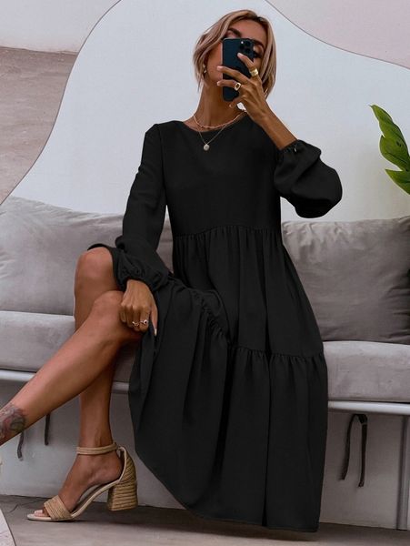 

blouson sleeve keyhole back smock dress i3jg#, Black;gray