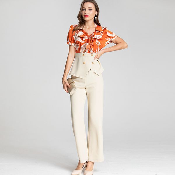 

women's two piece pants sets v neck short sleeves printed patchwork fashion blouse with ankle pant sets, White