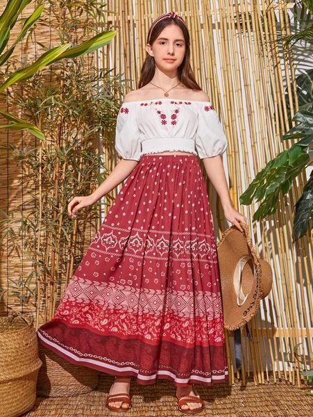 

teen girls floral print off shoulder crop & skirt set she, White