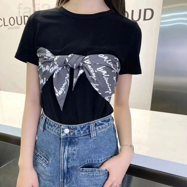 

women's t-shirt designer chaopai 22 early spring new short sleeve satin print fake two bow round neck solid slim fit t-shirt women e8ue, White