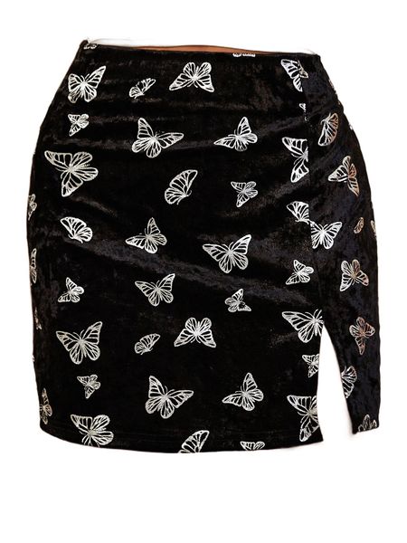 

butterfly print velvet slit skirt p4to#, Black