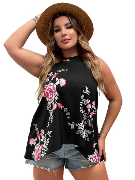 

plus floral print keyhole back asymmetrical halter 204p#, Black