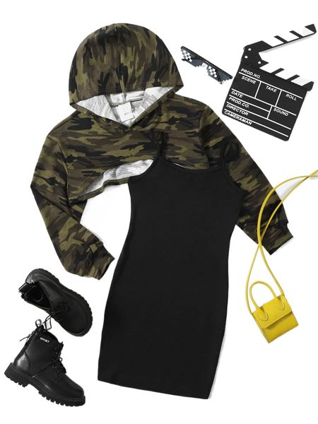 

girls camo print hoodie & cami dress set n1ge#, Black;white
