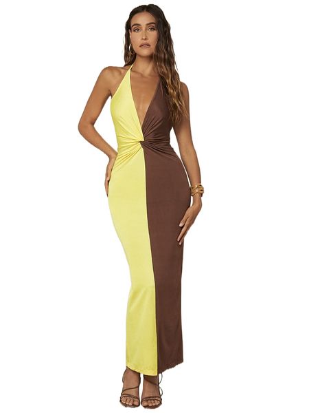 

colorblock twist front backless halter dress 38cd#, Black;gray