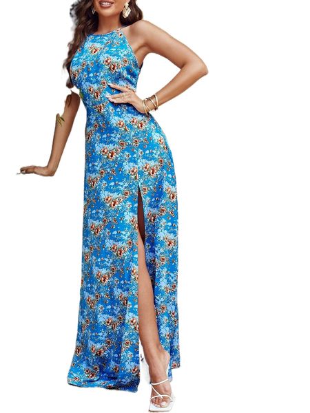 

floral print split thigh maxi dress y137#, Black;gray