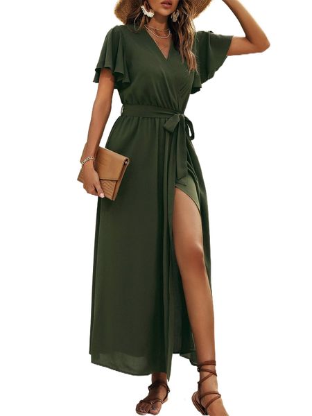 

butterfly sleeve belted wrap dress a6kd#, Black;gray
